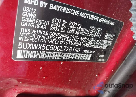 2012 BMW X3 xDrive28I from USA, damaged, VIN 5UXWX5C50CL728140